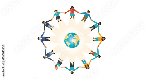 This flat design illustration depicts a diverse group of people holding hands around a glowing Earth, symbolizing global unity and collective action for environmental protection.