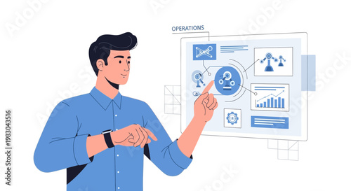 Man Interacting with Operations Dashboard Displaying Analytics and Robotics