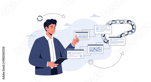 Man managing digital strategy, linking web pages and data for business growth