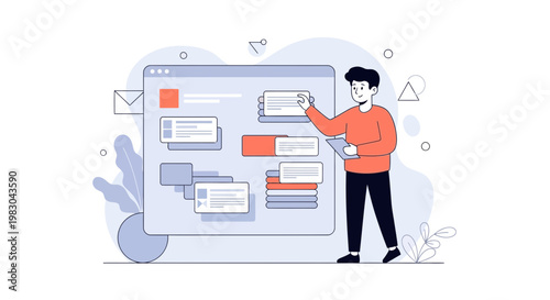 Man managing project timeline on digital board, business planning, workflow organization