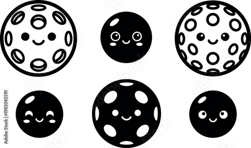 Black and white cartoon moon faces with craters vector art