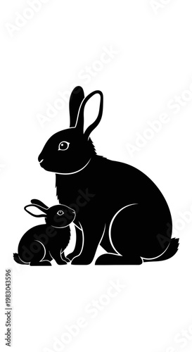 Silhouette of a mother rabbit with her baby bunny.