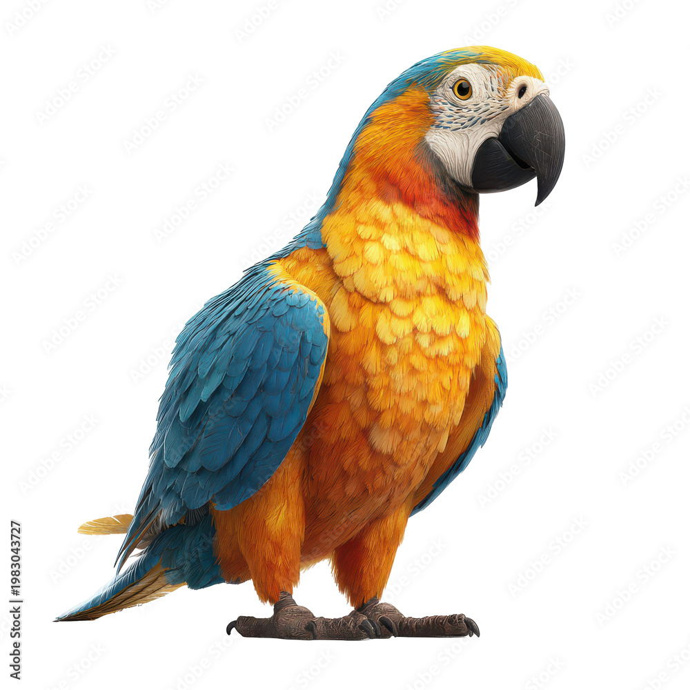 Fototapeta premium Colorful macaw parrot standing on a surface with bright feathers and detailed features