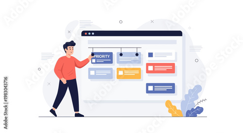 Man Organizes Tasks on Priority Board, Project Management Concept