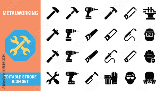 Metalworking tools flat design vector illustration set with safety gear icons