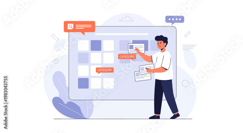 Man organizing categories on a digital interface, business concept illustration