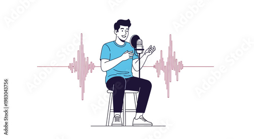 Man recording podcast with microphone and sound wave visualization