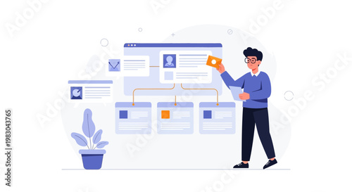 Man organizing business workflow on digital screen with flowcharts and data