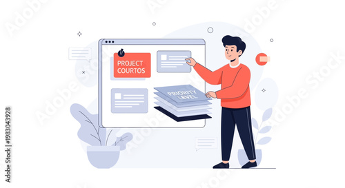 Man organizing project priority levels on a digital dashboard, business strategy concept