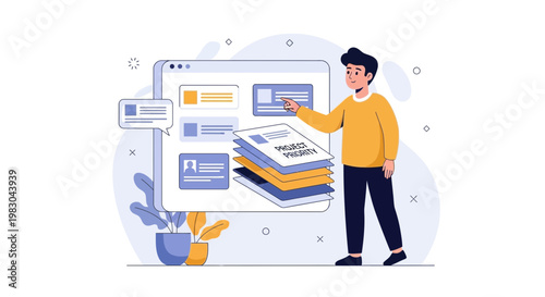 Man organizing project documents on a digital dashboard, business concept