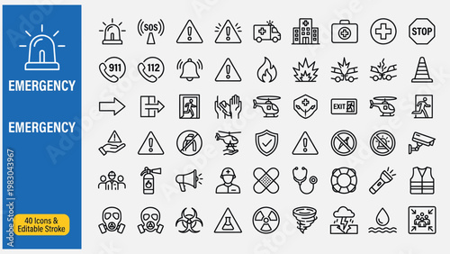Emergency web icons in line style. Evacuation, emergency hotline, exit, SOS emergency call, ambulance, help, collection. Editable stroke.  Vector illustration.
