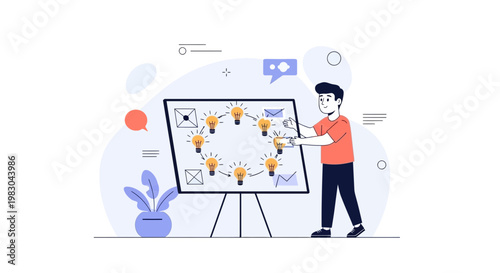 Man planning ideas on a whiteboard with lightbulbs connected in a circle