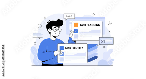 Man organizing tasks and priorities on a digital board, business planning concept.