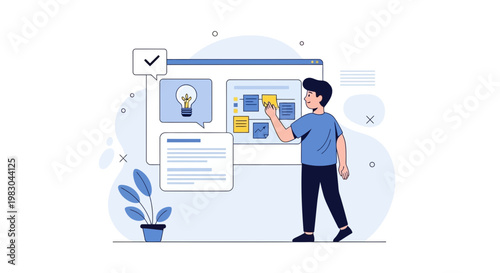 Man planning project on a digital board with sticky notes, idea and checklist icons