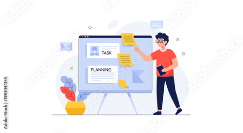 Man planning tasks on a whiteboard with sticky notes, project management concept