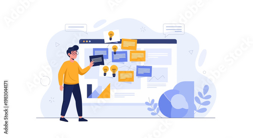 Man Planning Project on Board with Sticky Notes and Lightbulbs