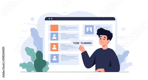 Man planning team strategy on digital interface, project management concept