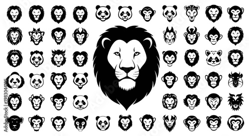 Lion Face Among Various Animal Heads.