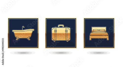 Golden Bathtub Suitcase and Bed Icons.