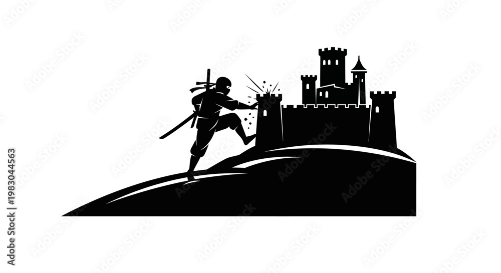 Obraz premium Silhouette of a ninja attacking a castle on a hill, dynamic action, stealth, and combat.
