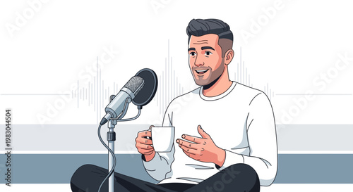 Man podcasting with microphone and coffee, audio wave background