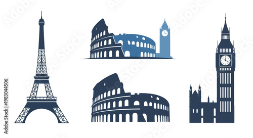 Famous Landmarks of Europe City Skyline.