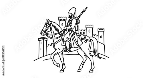 Sikh Warrior on Horseback with Rifle and Fortress Background