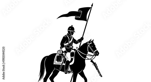 Silhouette of a Cavalryman with Flag on Horseback, Historical Military Scene