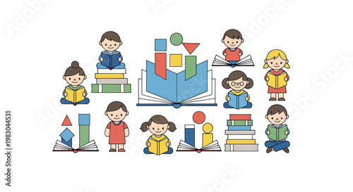 Children reading books in classroom setting.