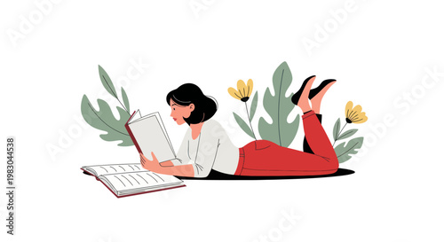 Woman lying down reading book.
