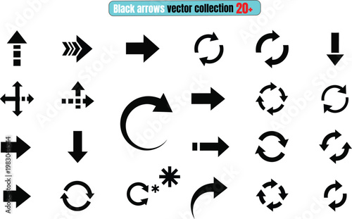 Collection of various black arrow icons and symbols representing direction movement and interface navigation elements vector icon set