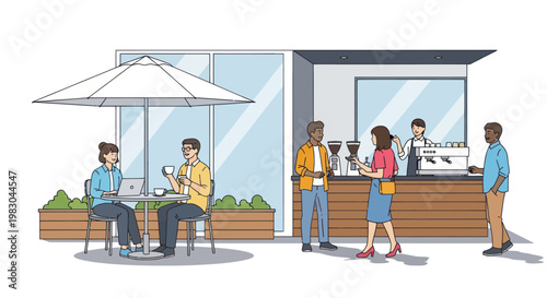 People waiting in line at cafe.