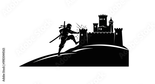 Silhouette of a ninja attacking a castle on a hill, dynamic action, stealth, and combat.