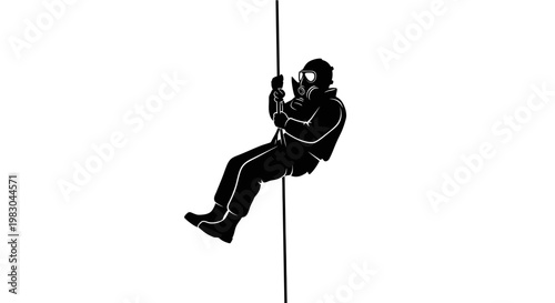 Silhouette of a person in a gas mask rappelling down a rope against a white background.