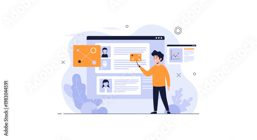 Man pointing at a digital interface with user profiles and data visualization