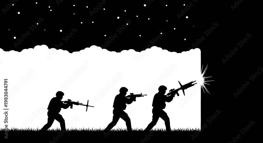 Naklejka premium Silhouette Soldiers Firing Rifles in Night Battle Scene with Stars and Smoke