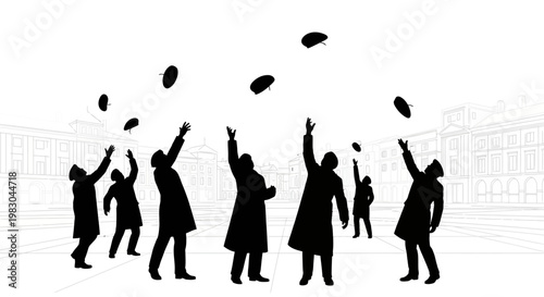 Silhouette of people throwing hats in the air, celebrating success and freedom