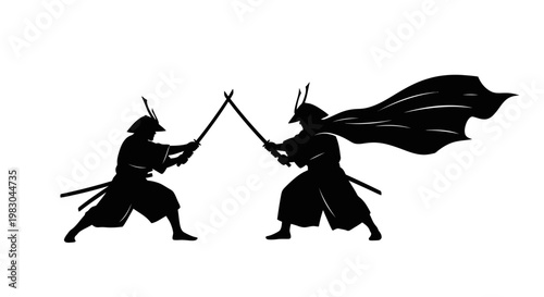 Silhouette of two samurai warriors engaged in a sword fight, dynamic action pose.