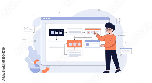 Man pointing at flowchart on screen, business process, workflow, strategy, planning, presentation