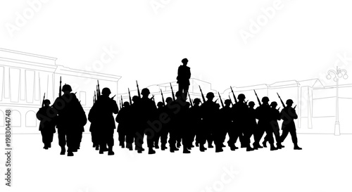 Silhouette of Soldiers Marching with Rifles in Formation, Monument Background