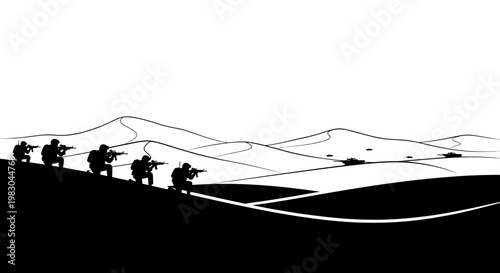 Silhouette Soldiers Advancing Across Desert Dunes