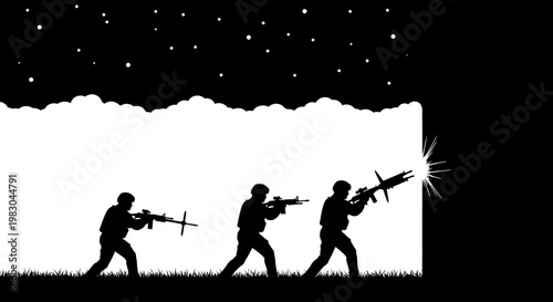 Silhouette Soldiers Firing Rifles in Night Battle Scene with Stars and Smoke