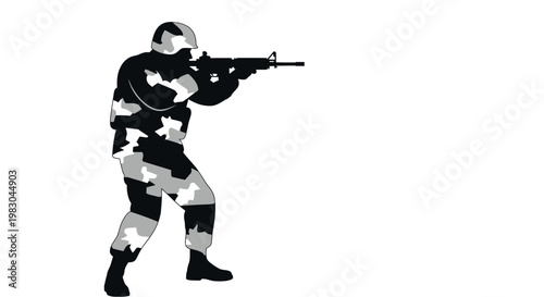 Soldier in Camouflage Aiming Rifle, Military Action Silhouette, Combat Ready