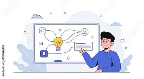 Man presenting a mind map or flowchart on a whiteboard, idea generation concept