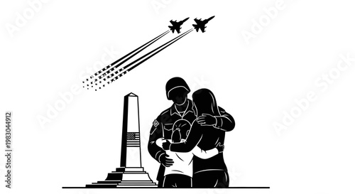 Soldier Hugs Loved One at Memorial with Fighter Jets Flyover