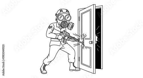 Soldier in gas mask breaks down door with rifle, tactical entry, military operation