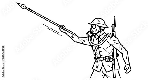 Soldier in gas mask and helmet with bayonet, WWI era, aiming weapon