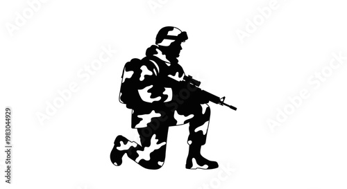 Soldier in Camouflage Uniform Kneeling with Rifle, Military Silhouette