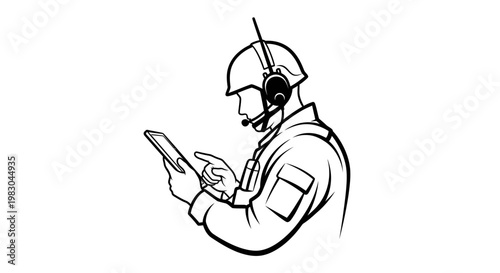 Soldier in helmet with headset using smartphone, military communication technology, digital warfare concept