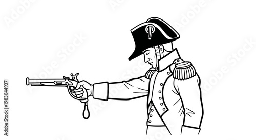 Soldier in historical uniform aiming a flintlock pistol, vintage military illustration